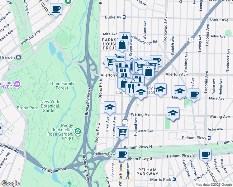 map of restaurants, bars, coffee shops, grocery stores, and more near 2506 White Plains Road in The Bronx