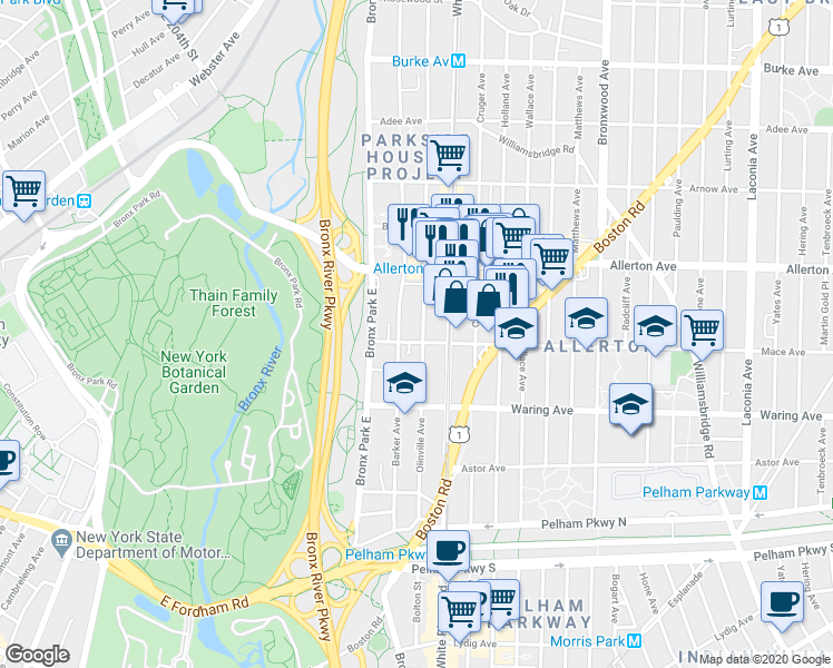 map of restaurants, bars, coffee shops, grocery stores, and more near in The Bronx