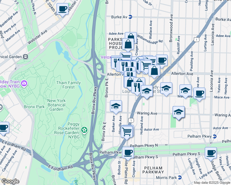 map of restaurants, bars, coffee shops, grocery stores, and more near in The Bronx