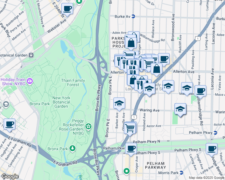 map of restaurants, bars, coffee shops, grocery stores, and more near 2458 Bronx Park East in The Bronx