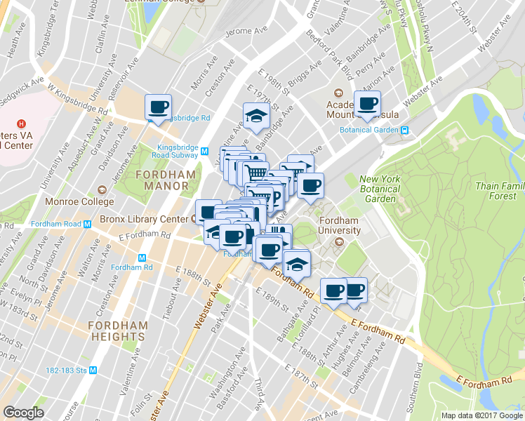 map of restaurants, bars, coffee shops, grocery stores, and more near 2603 Webster Avenue in Bronx