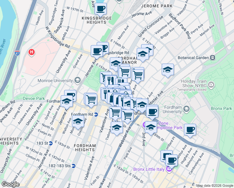 map of restaurants, bars, coffee shops, grocery stores, and more near 294 East Kingsbridge Road in Bronx