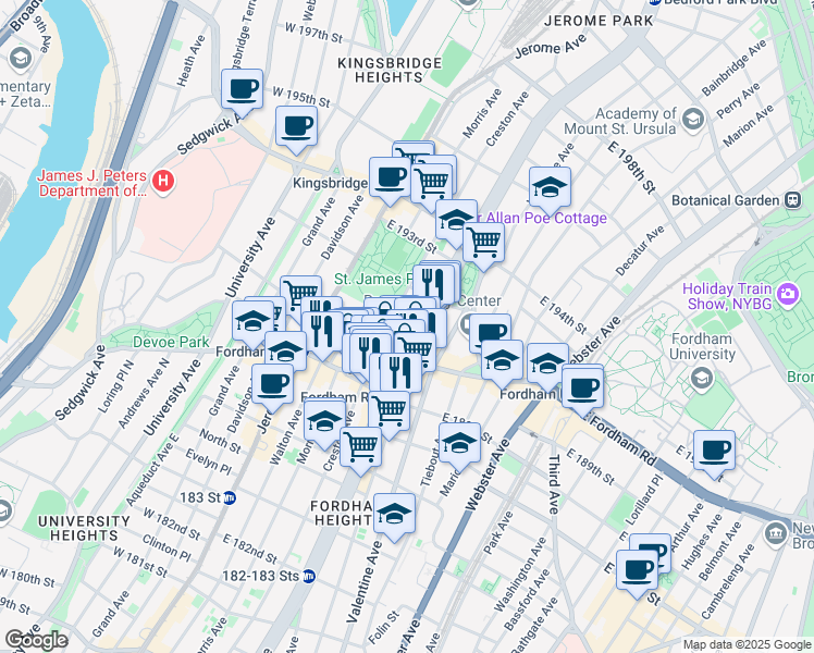 map of restaurants, bars, coffee shops, grocery stores, and more near in The Bronx