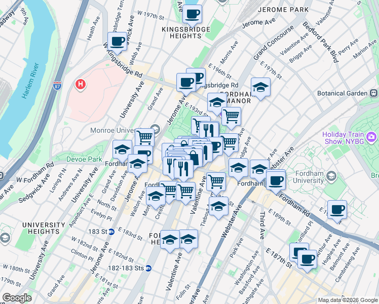 map of restaurants, bars, coffee shops, grocery stores, and more near in The Bronx