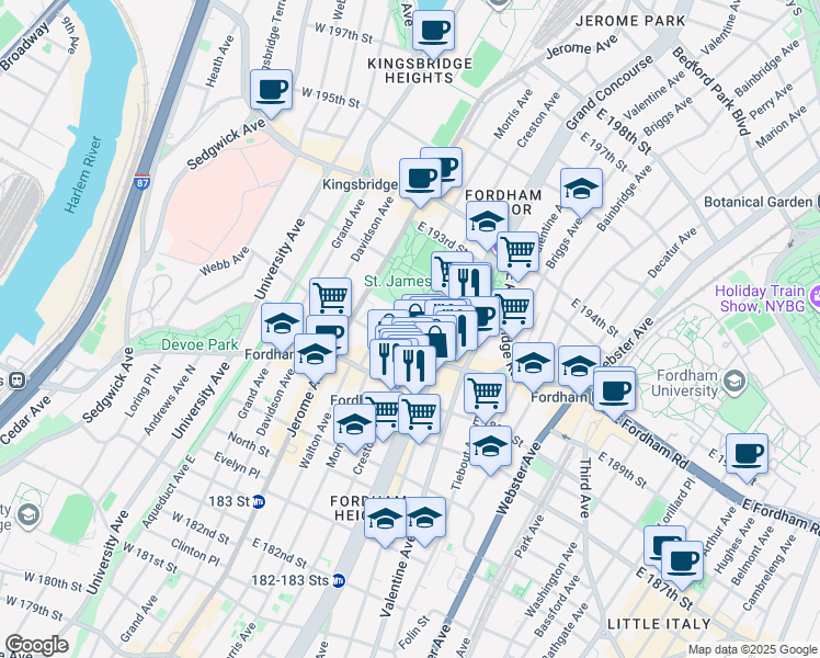 map of restaurants, bars, coffee shops, grocery stores, and more near in The Bronx
