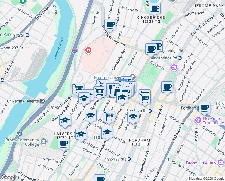 map of restaurants, bars, coffee shops, grocery stores, and more near 5363 West Fordham Road in Bronx