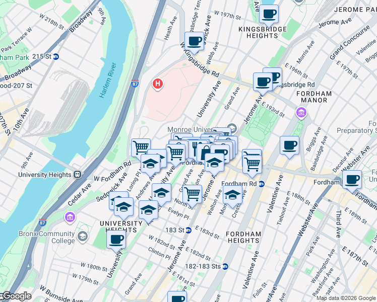 map of restaurants, bars, coffee shops, grocery stores, and more near 5363 West Fordham Road in Bronx