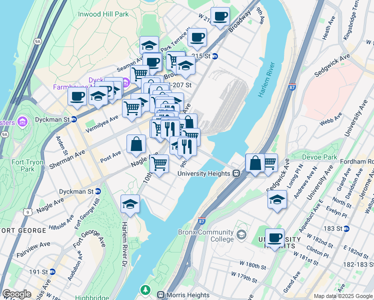 map of restaurants, bars, coffee shops, grocery stores, and more near 3849 9th Avenue in New York