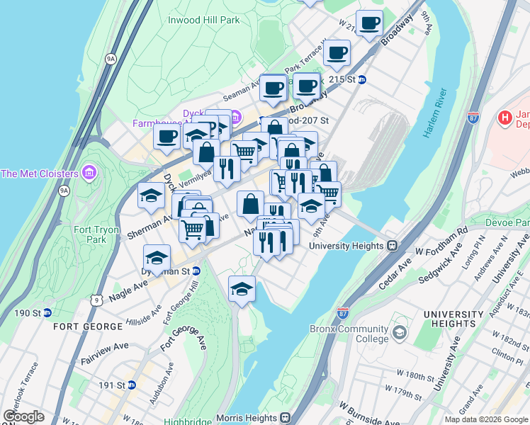 map of restaurants, bars, coffee shops, grocery stores, and more near 232 Nagle Avenue in New York