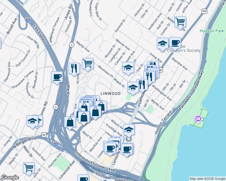 map of restaurants, bars, coffee shops, grocery stores, and more near 401 Park Place in Fort Lee