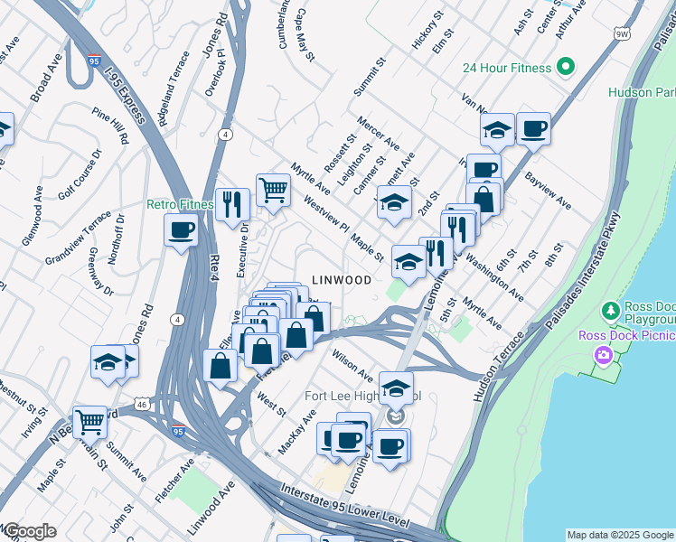 map of restaurants, bars, coffee shops, grocery stores, and more near 401 Park Place in Fort Lee