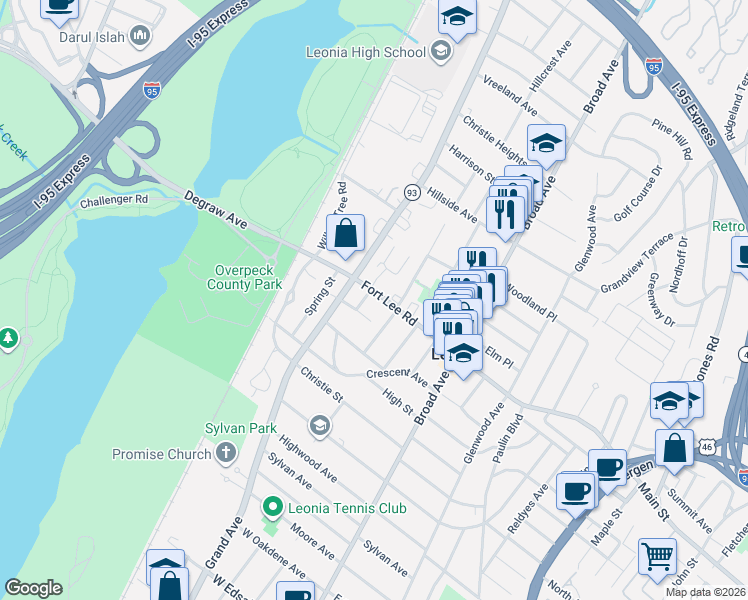 map of restaurants, bars, coffee shops, grocery stores, and more near in Leonia