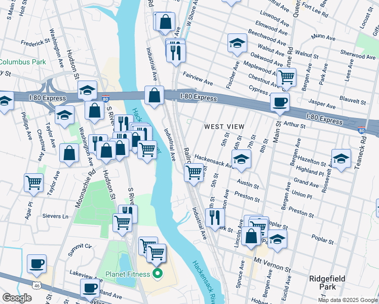 map of restaurants, bars, coffee shops, grocery stores, and more near 100 Railroad Avenue in Ridgefield Park