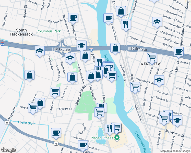map of restaurants, bars, coffee shops, grocery stores, and more near 490 Gardner Place in Hackensack