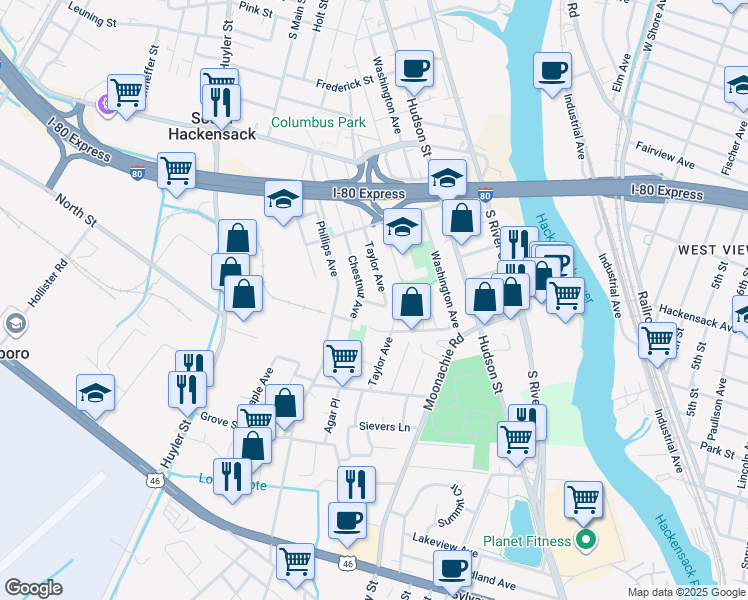 map of restaurants, bars, coffee shops, grocery stores, and more near 460 Chestnut Avenue in South Hackensack