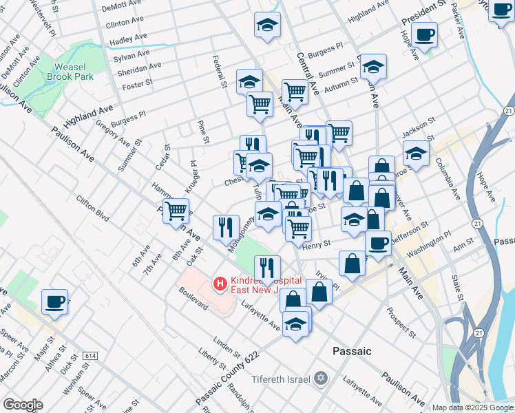 map of restaurants, bars, coffee shops, grocery stores, and more near 9-11 Tulip Street in Passaic