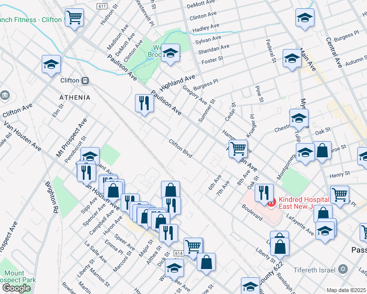 map of restaurants, bars, coffee shops, grocery stores, and more near 65 Clifton Boulevard in Clifton