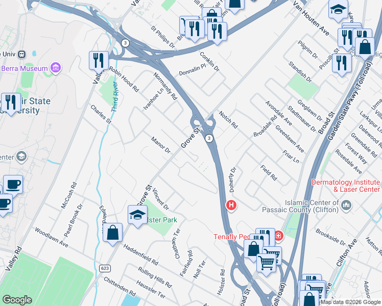 map of restaurants, bars, coffee shops, grocery stores, and more near 575 Grove Street in Clifton