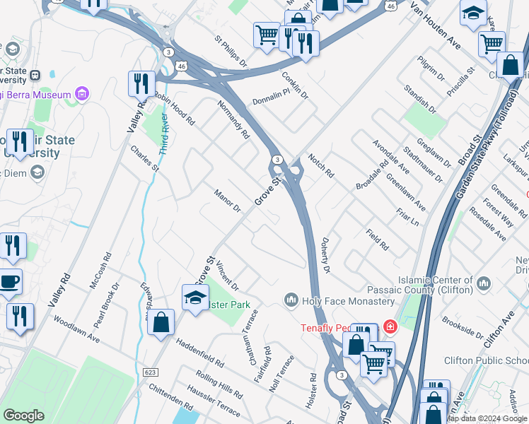 map of restaurants, bars, coffee shops, grocery stores, and more near 595 Grove Street in Clifton