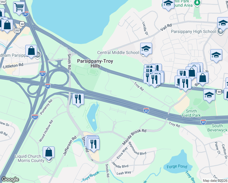 map of restaurants, bars, coffee shops, grocery stores, and more near 1715 U.S. 46 in Parsippany-Troy Hills