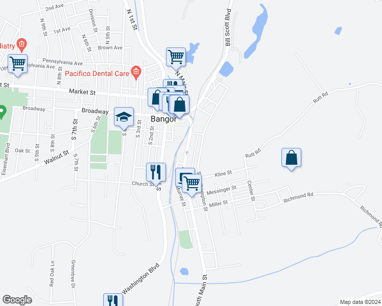 map of restaurants, bars, coffee shops, grocery stores, and more near 287 South Main Street in Bangor
