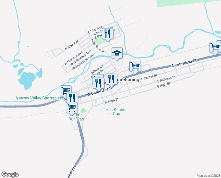 map of restaurants, bars, coffee shops, grocery stores, and more near 106 West Railroad Street in Nesquehoning