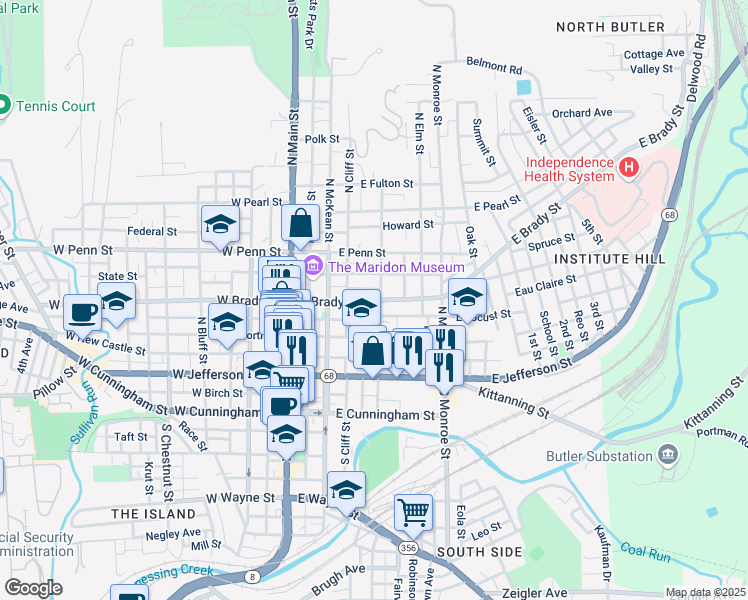 map of restaurants, bars, coffee shops, grocery stores, and more near 222 Franklin Street in Butler