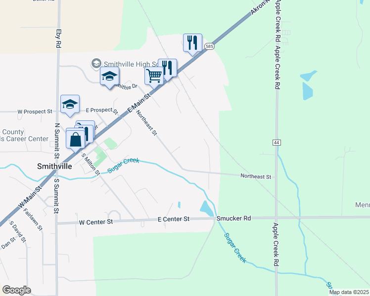 map of restaurants, bars, coffee shops, grocery stores, and more near 446 Northeast Street in Smithville
