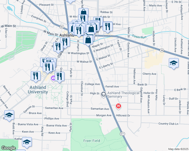map of restaurants, bars, coffee shops, grocery stores, and more near 116 College Avenue in Ashland