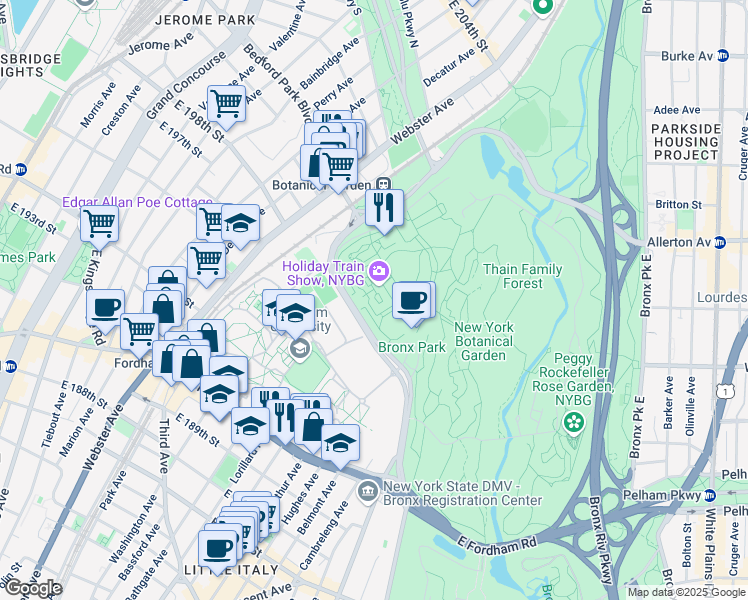 map of restaurants, bars, coffee shops, grocery stores, and more near Bronx Park Road in Bronx