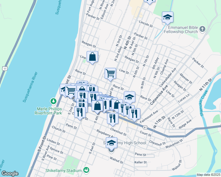 map of restaurants, bars, coffee shops, grocery stores, and more near 144 North 4th Street in Sunbury