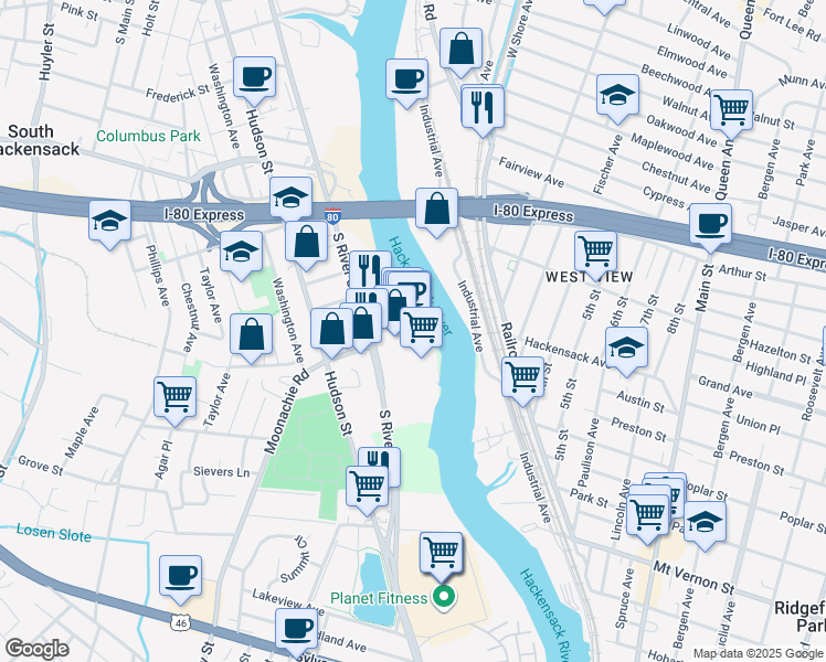 map of restaurants, bars, coffee shops, grocery stores, and more near 500 South River Street in Hackensack