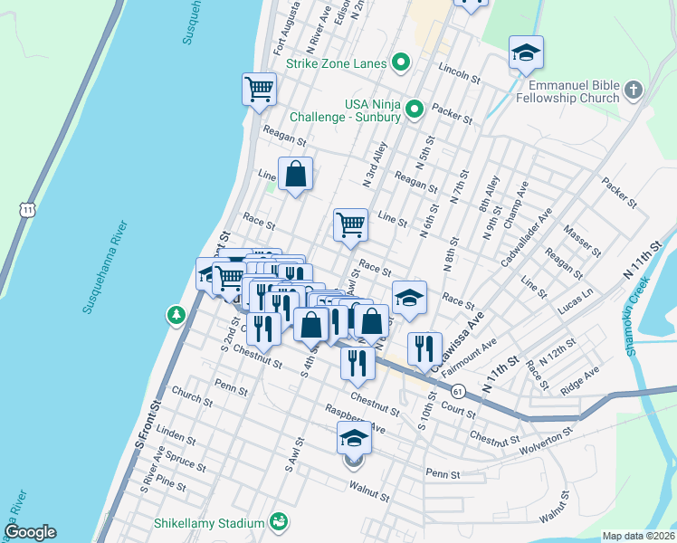 map of restaurants, bars, coffee shops, grocery stores, and more near 419 Awl Street in Sunbury