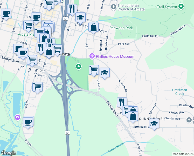 map of restaurants, bars, coffee shops, grocery stores, and more near 455 Union Street in Arcata