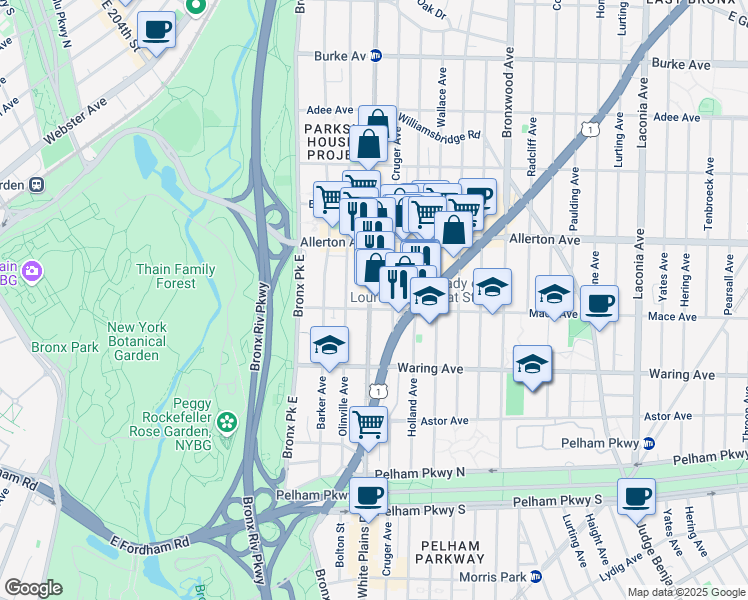 map of restaurants, bars, coffee shops, grocery stores, and more near 2506 White Plains Road in The Bronx