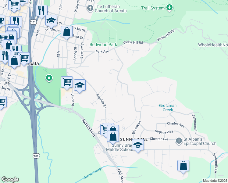 map of restaurants, bars, coffee shops, grocery stores, and more near 794 Patrick Court in Arcata