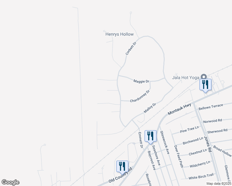 map of restaurants, bars, coffee shops, grocery stores, and more near 19 Corbett Drive in East Quogue