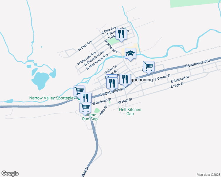 map of restaurants, bars, coffee shops, grocery stores, and more near 212 West Catawissa Street in Nesquehoning