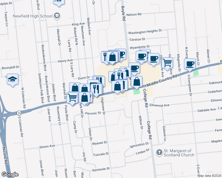 map of restaurants, bars, coffee shops, grocery stores, and more near 1134b Middle Country Road in Selden
