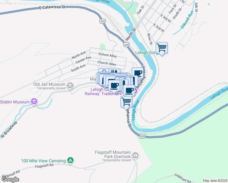 map of restaurants, bars, coffee shops, grocery stores, and more near 138 West High Street in Jim Thorpe