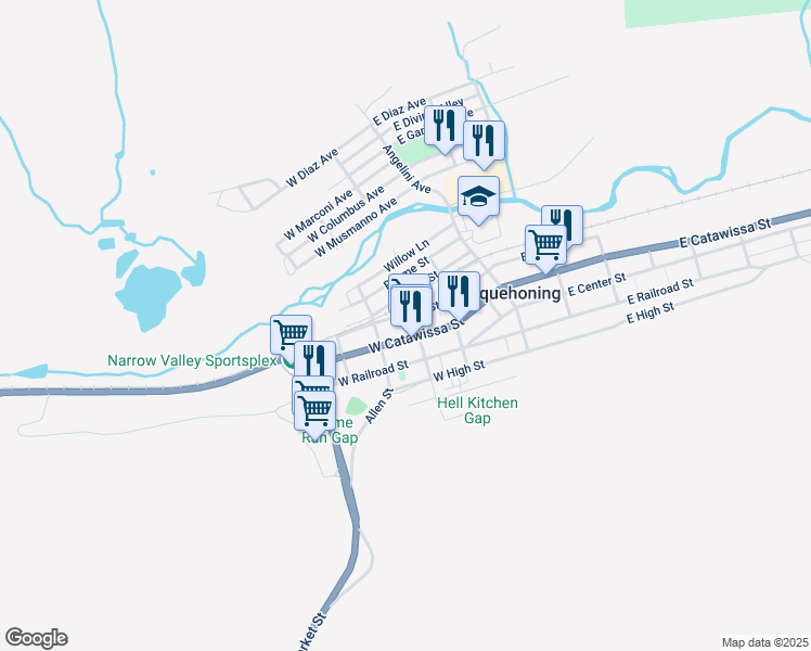map of restaurants, bars, coffee shops, grocery stores, and more near 212 West Catawissa Street in Nesquehoning