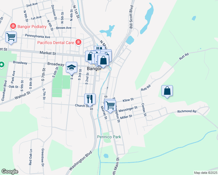 map of restaurants, bars, coffee shops, grocery stores, and more near 259 South Main Street in Bangor