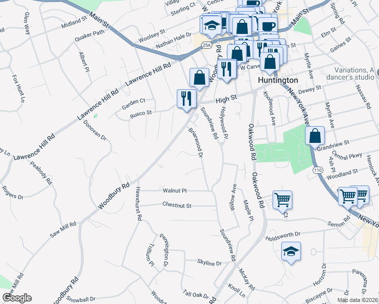 map of restaurants, bars, coffee shops, grocery stores, and more near 8 Beech Place in Huntington