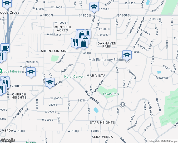 map of restaurants, bars, coffee shops, grocery stores, and more near 2480 150 East in Bountiful