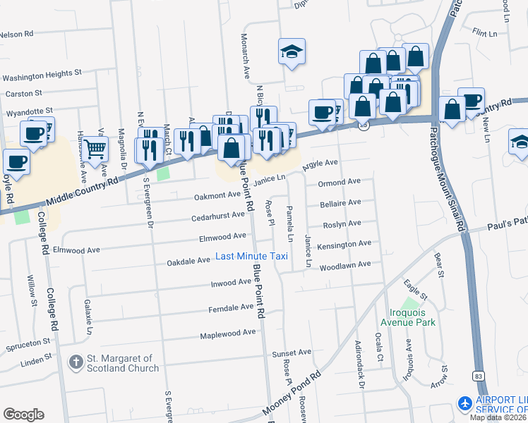 map of restaurants, bars, coffee shops, grocery stores, and more near 85 Rose Place in Selden