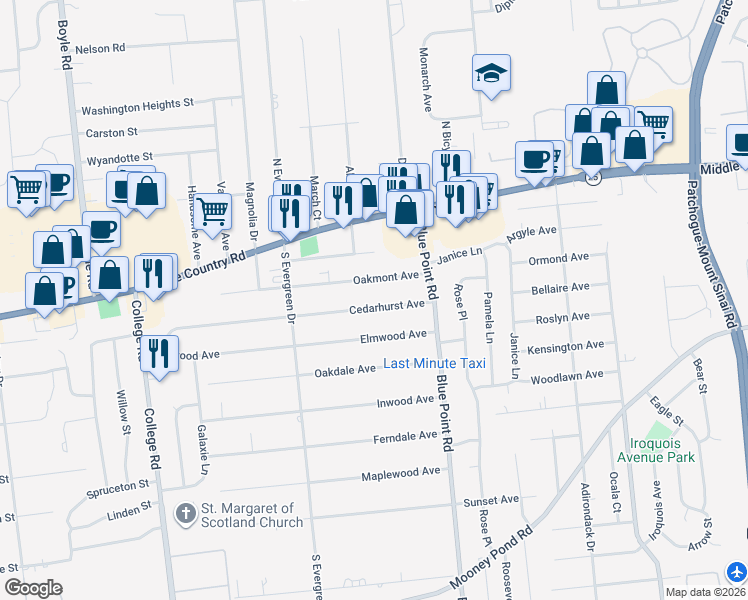 map of restaurants, bars, coffee shops, grocery stores, and more near 34 Cedarhurst Avenue in Selden