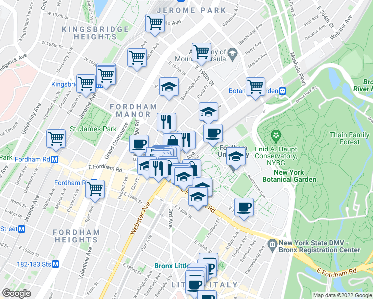 map of restaurants, bars, coffee shops, grocery stores, and more near 2603 Webster Avenue in Bronx