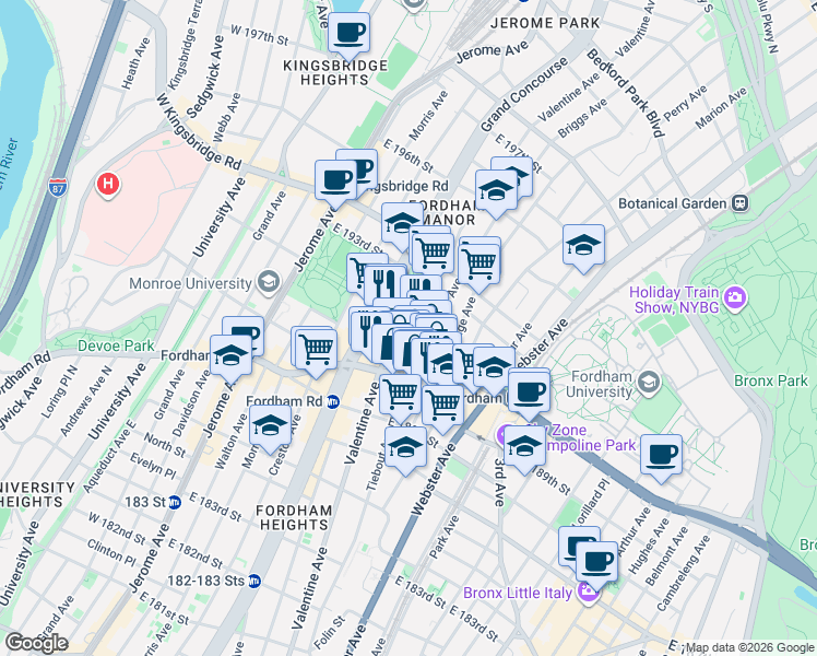 map of restaurants, bars, coffee shops, grocery stores, and more near 294 East Kingsbridge Road in Bronx