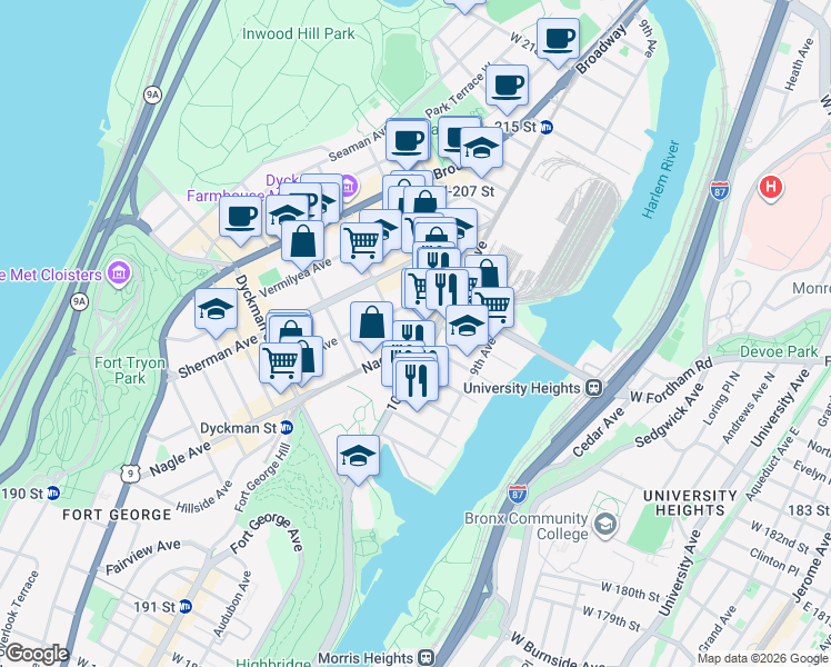 map of restaurants, bars, coffee shops, grocery stores, and more near 3822 10th Avenue in New York