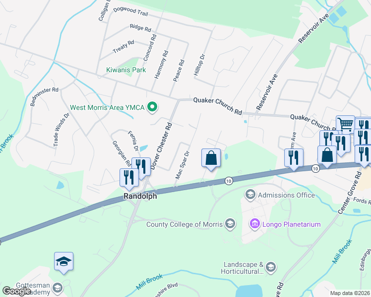 map of restaurants, bars, coffee shops, grocery stores, and more near 31 Mac Spar Drive in Randolph